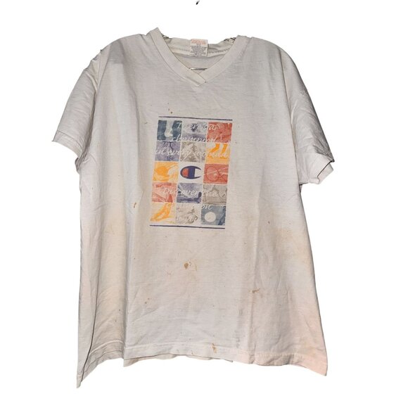 Champion Other - Vintage Champion L/XL White Graphic T-Shirt With Multicolor Logo Patch